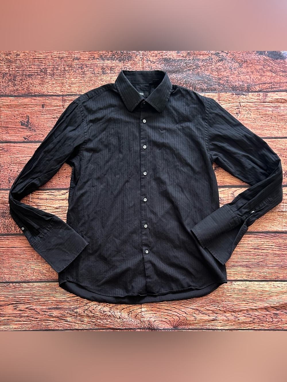 Hugo Boss Mens Black Shadow Stripe Dress Shirt Convertible Cuff 17.5 34/35